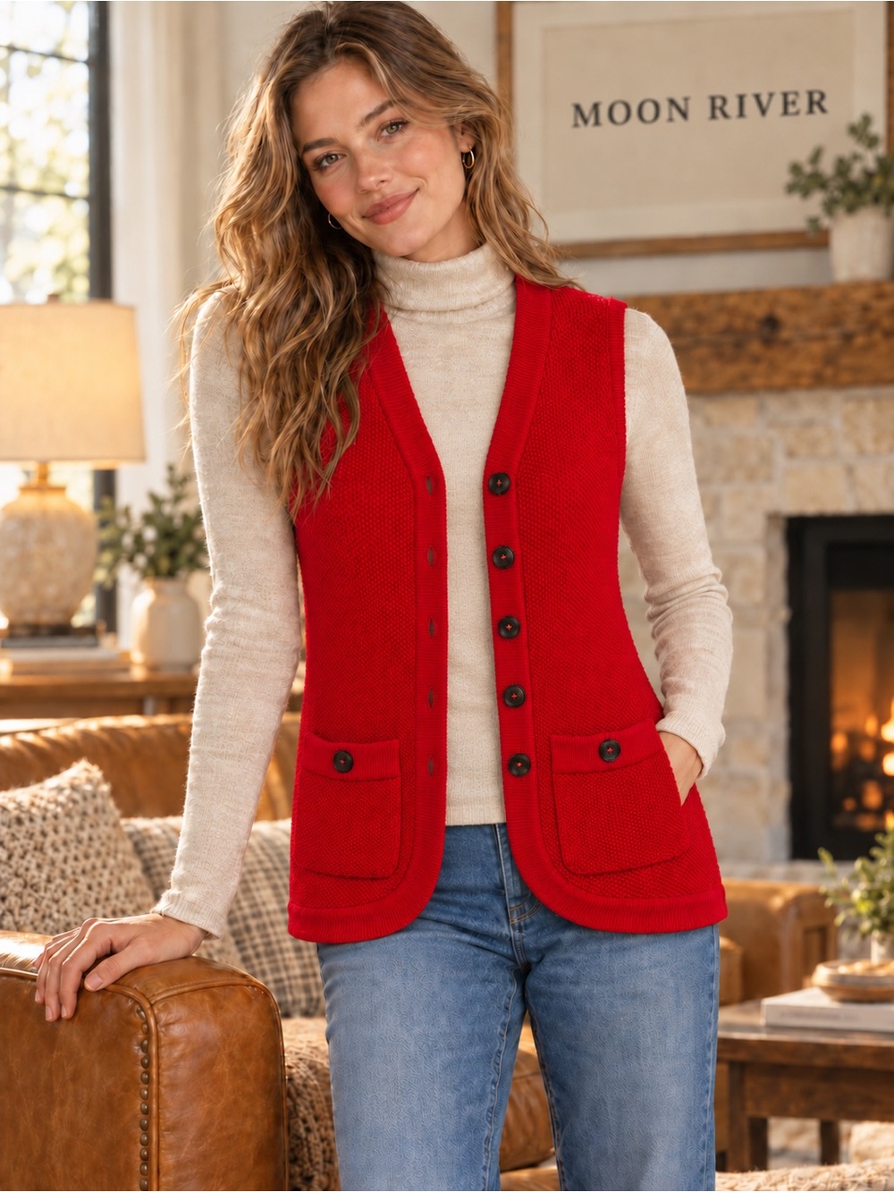 Moon River Red Textured Knit Sweater Vest Button Front Pockets Size S